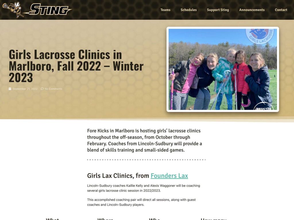 Sting Website 2022, Announcements page.